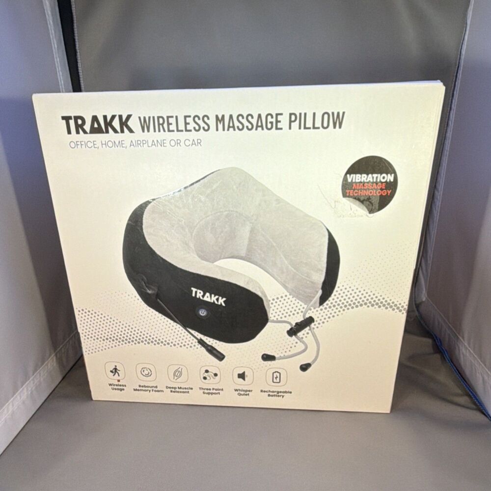 TRAKK Wireless Massage Pillow Neck Support Memory Foam Black Gray Rechargeable